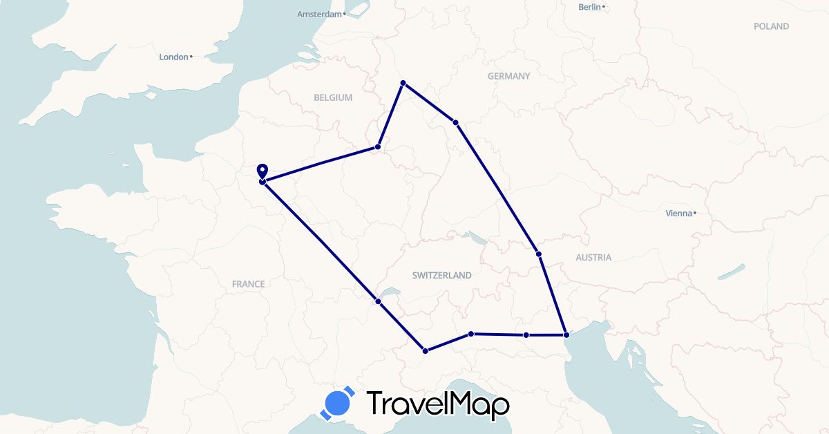 TravelMap itinerary: driving in Austria, Switzerland, Germany, France, Italy, Luxembourg (Europe)