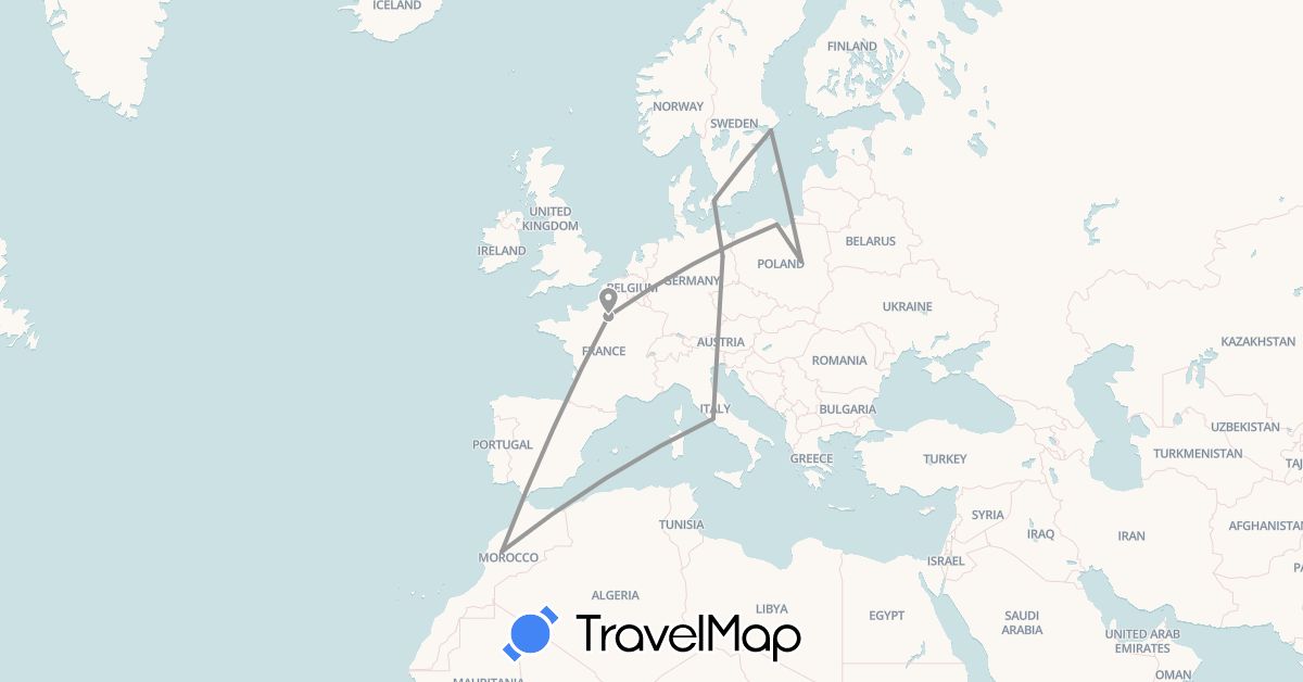 TravelMap itinerary: driving, plane in Germany, Denmark, France, Italy, Morocco, Poland, Sweden (Africa, Europe)
