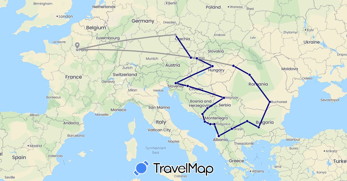 TravelMap itinerary: driving, plane in Albania, Austria, Bosnia and Herzegovina, Bulgaria, Czech Republic, France, Croatia, Hungary, Montenegro, Macedonia, Romania, Serbia, Slovenia, Slovakia (Europe)